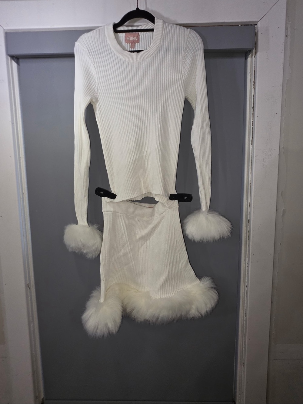 Show Me Your MuMu Cream Ribbed Knit Top & Skirt Set with Faux Fur Trim